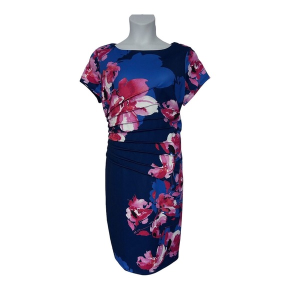 Monroe & Main Pleat-Side Floral Office Casual Brunch Stretch Knit Church Dress - Picture 2 of 16